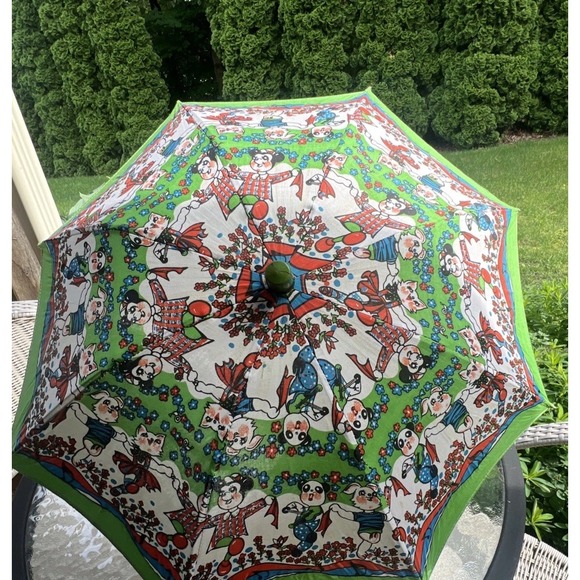 Accessories - VTG Chinese‎ Childrens Parasol Umbrella Cloth & Wood Doll Handle Swallow Brand
